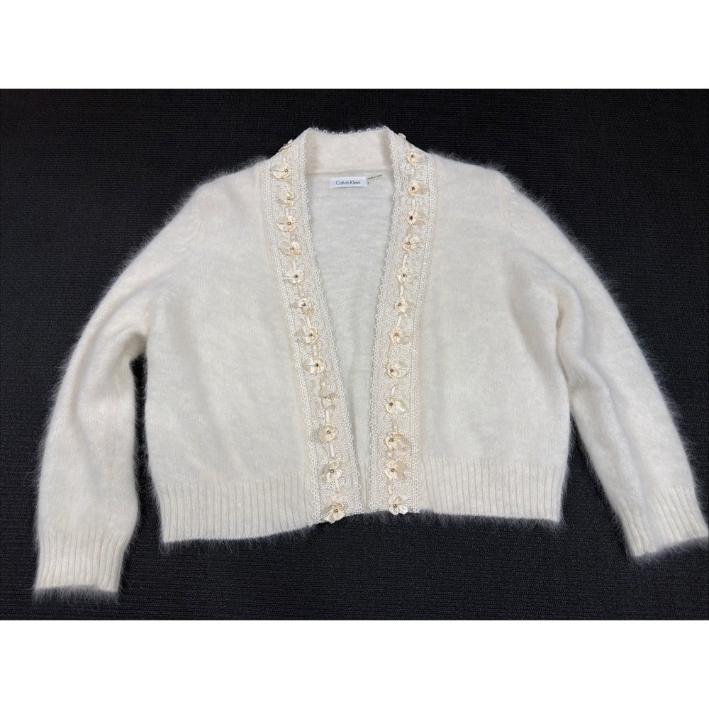 Calvin Klein Angora Lace Trim With Bows Rhinestone Size Large